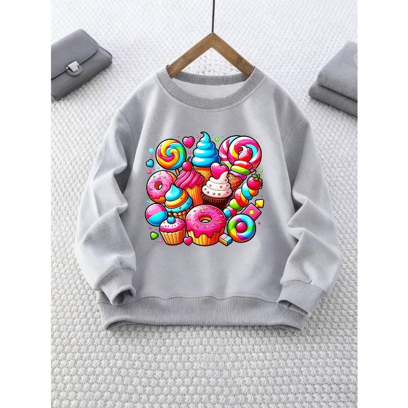 Round Neck Sweatshirt with Cartoon Dessert and Candy Pattern, Comfortable Top, Versatile for Daily Wear, Suitable for Parties