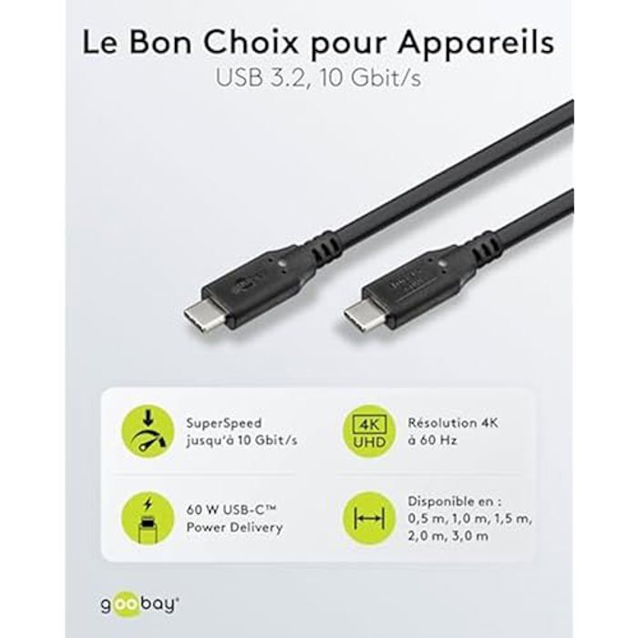 Câble usb-c - goobay - 3.2 - 60 w - 10 gbit/s - compatible thunderbolt 3 et 4