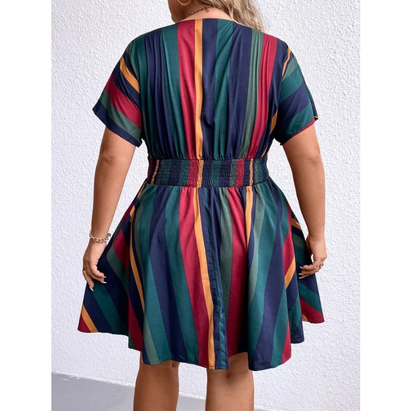 Vestido de Verano para Mujer Talla Grande Cuello en V Rayado Entallado Manga Corta