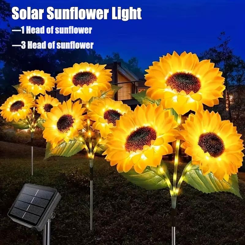 Solar Sunflower Garden Lights 1/3 Heads Waterproof Outdoor Decorative Lawn Lamp for Yard Pathway Wedding Christmas