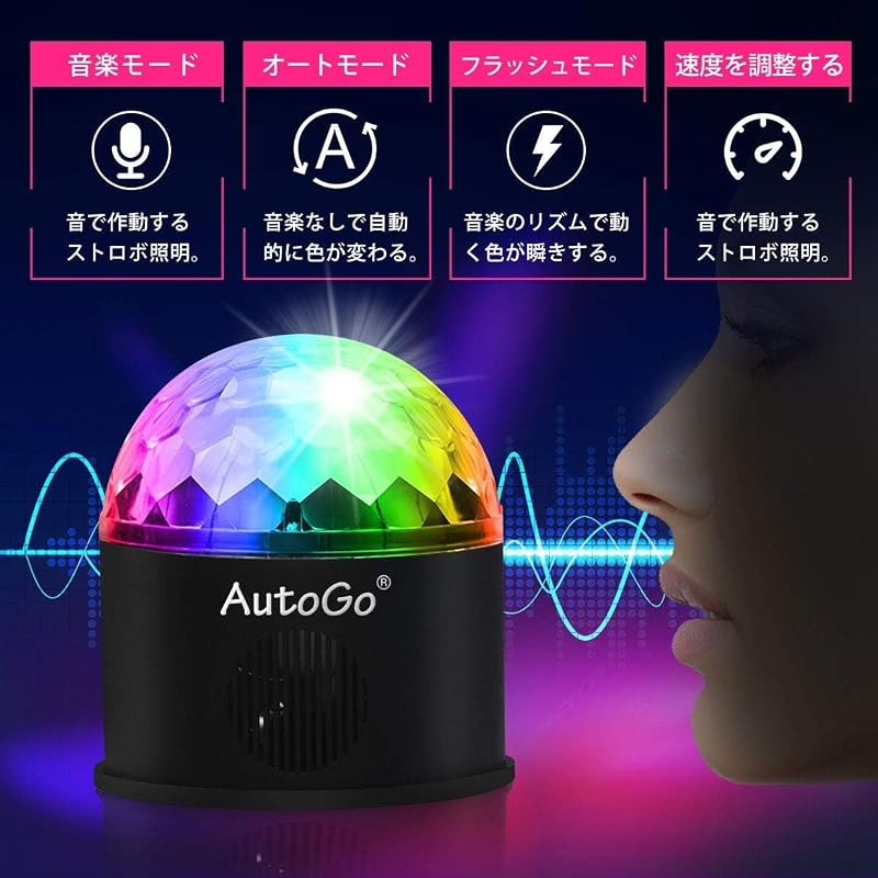 AutoGo Mirror Ball Disco Light [9 Colors RGB] LED Stage Lighting with Remote Control, Voice Activated, Multifunctional, Crystal Rotating, USB Powered,