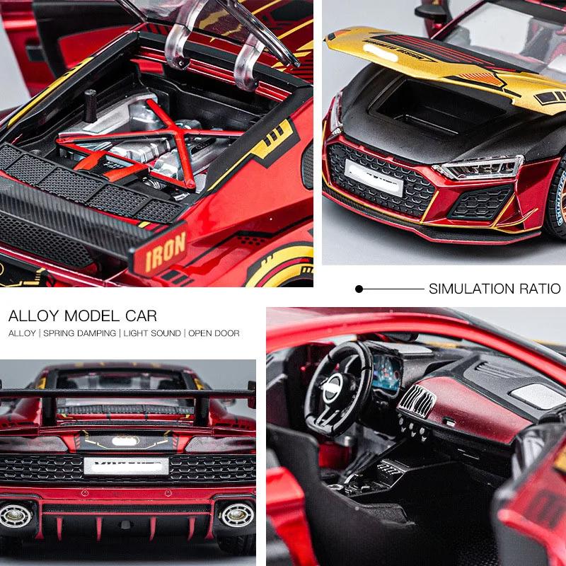 Model auta R8 z hliníkové slitiny v měřítku 1/24, vysoce simulační odlitky, hračka se zvukem a světlem, natahovací vozidla, dekorační hračka pro děti, dárek