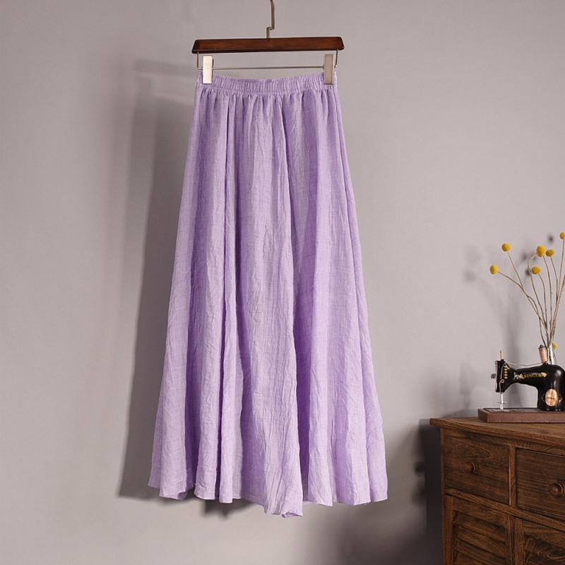 Vintage Solid Pleated Long Skirts Cotton Linen Maxi Skirt for Women Summer Elastic Waist  Girls Boho Beach Skirt A-Line Skirt