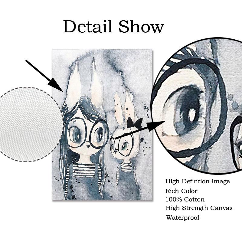 Väggkonst Kanin Flicka Djur Abstrakt Duk Målning Nordisk Akvarelltryck Barn Sovrum Vardagsrum Affisch Bild Heminredning