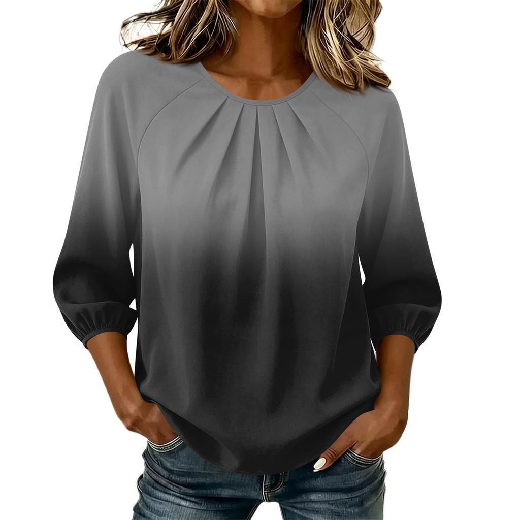 Women's Gradient Print 3/4 Sleeve Round Neck Pleated T-Shirt Top Casual Loose Fit Lightweight Blouse