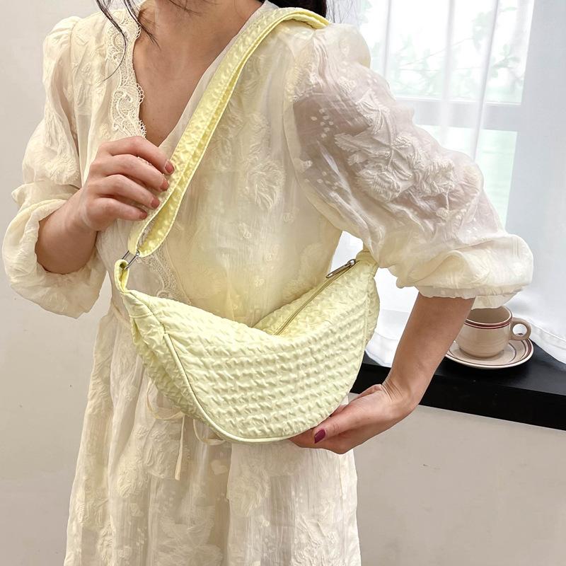 Women Solid Color Zipper Dumpling Bun Inclined Satchel Bag Leisure Large Capacity Shoulder Bags Wrinkled Adjustable Band Strap