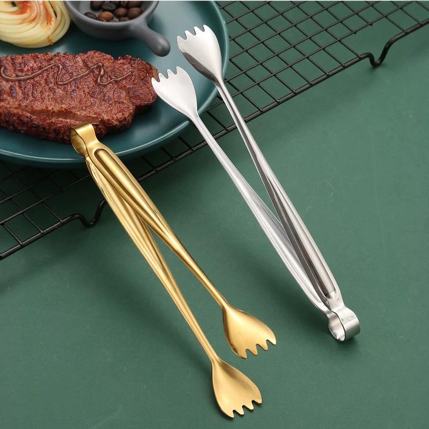 Gold 304 Stainless Steel Food Tongs - Ideal for Steaks, Barbecue, Buffets, Restaurants, Towels, and Ice Cubes.