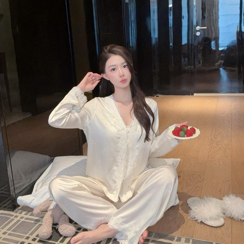 Pajamas women's long-sleeved trousers sweet spring and summer ice silk thin princess style lace V-neck high-end French loungewear