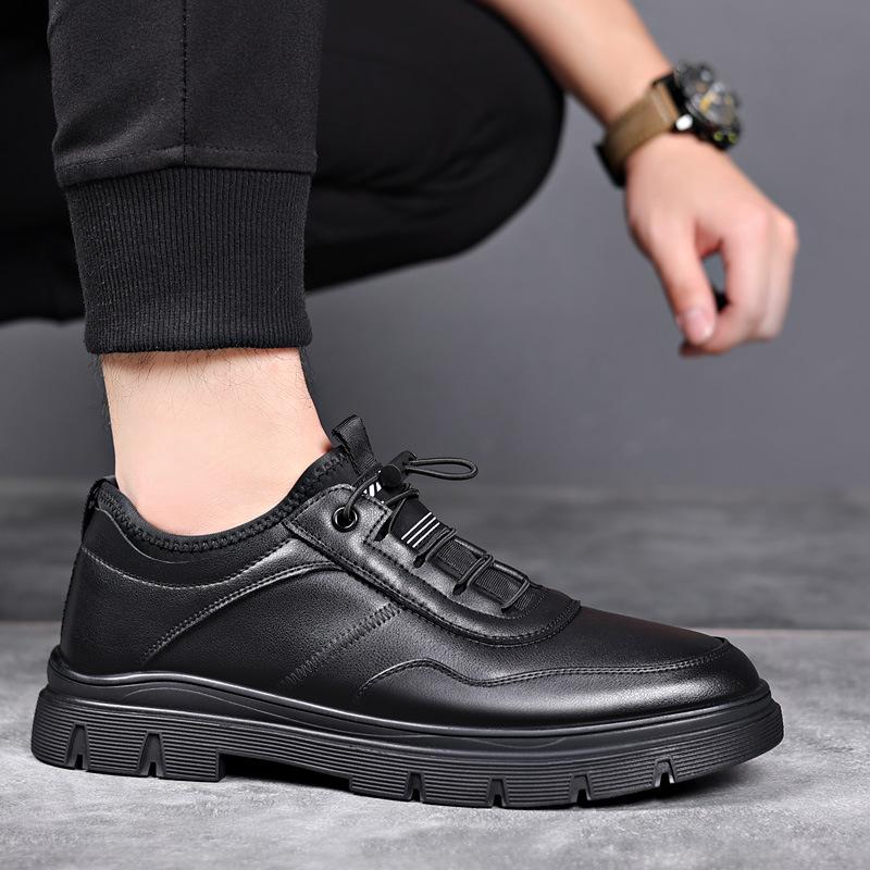 Fashion Casual Shoes Men's 2025 Spring New Single Shoes Leather Wool Velvet Warm Low-top Men's Leather Shoes