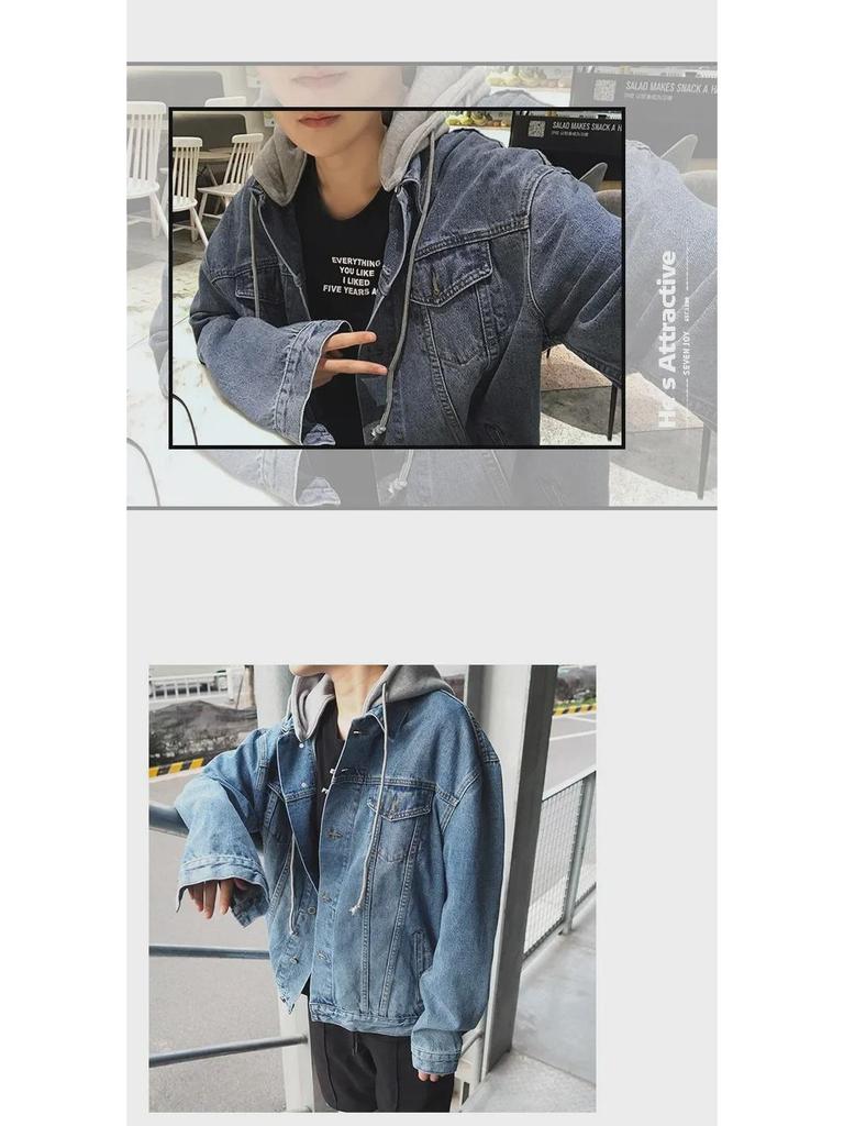 Men's Trendy Korean-Style Denim Hooded Jacket - Fake Two-Piece Autumn Top
