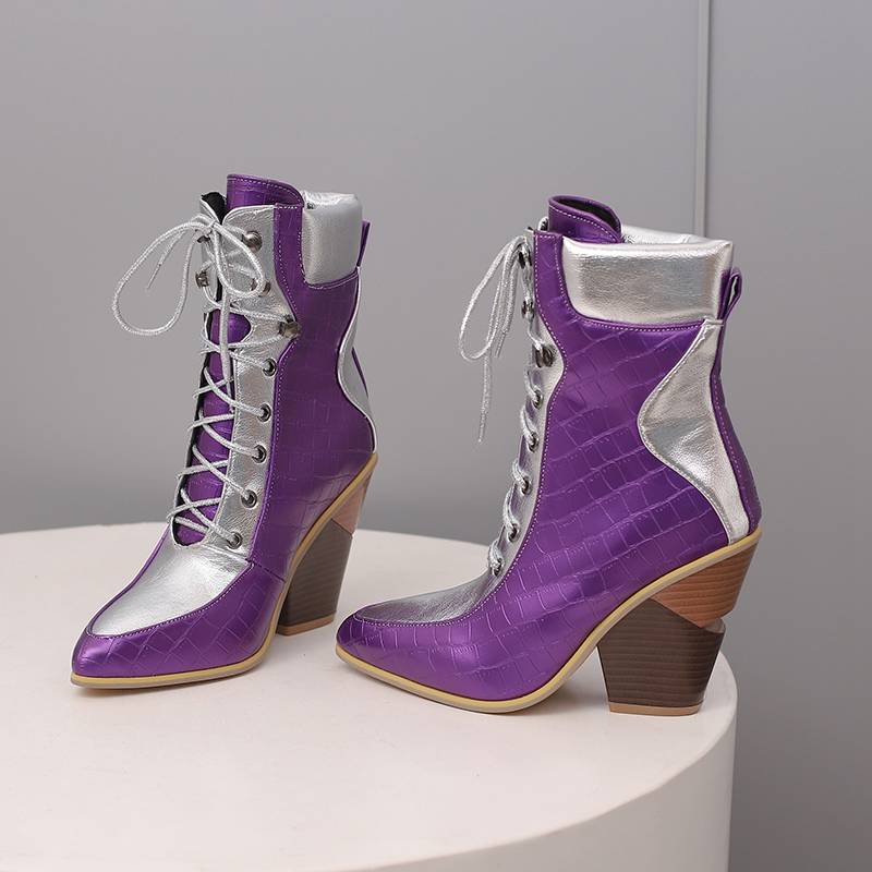 Krazing Pot Polyurethane Autumn Winter Shoes 47 Size 48 Super Size Wedges Pointed Toe Lace Up Serpentine Fashion Ankle Boots