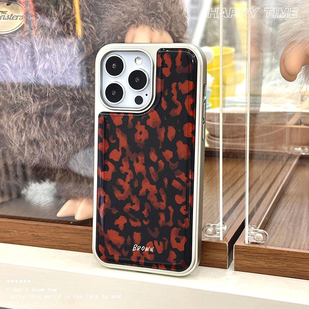 Applicable To Apple 16PM Brown Leopard Pattern Anti Fall Mobile Phone Case Iphone15pro Silver Edge Glue Drop Protective Case