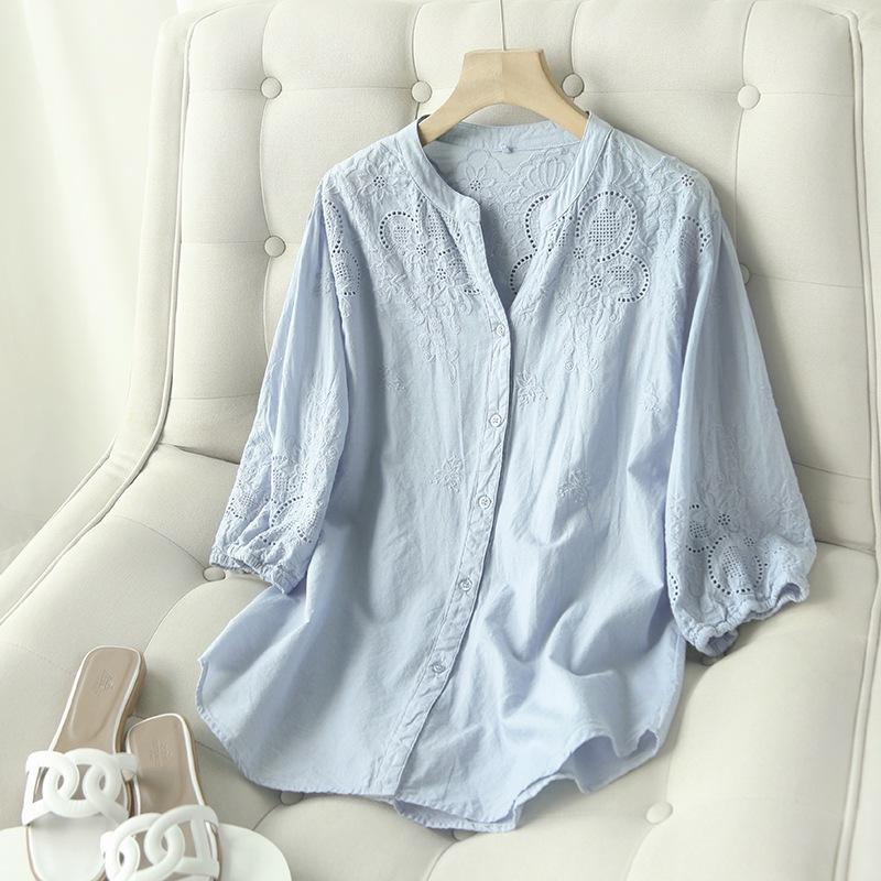 Women Hollow Out Crochet Loose Casual Summer V Neck Shirt For Ladies M