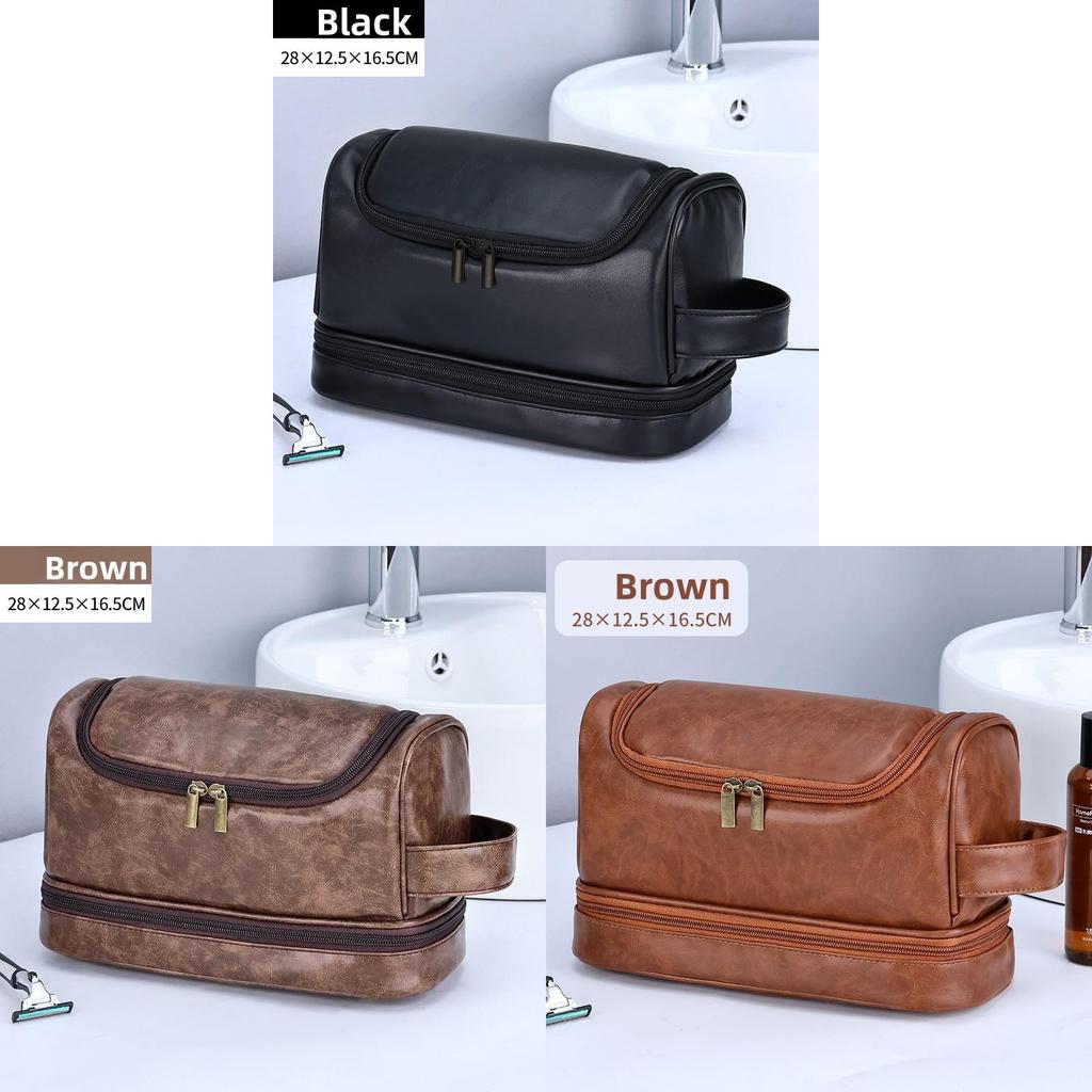 Men Double Layer Travel Toiletry Bag With Waterproof Pu Material For Business And Outdoor Use