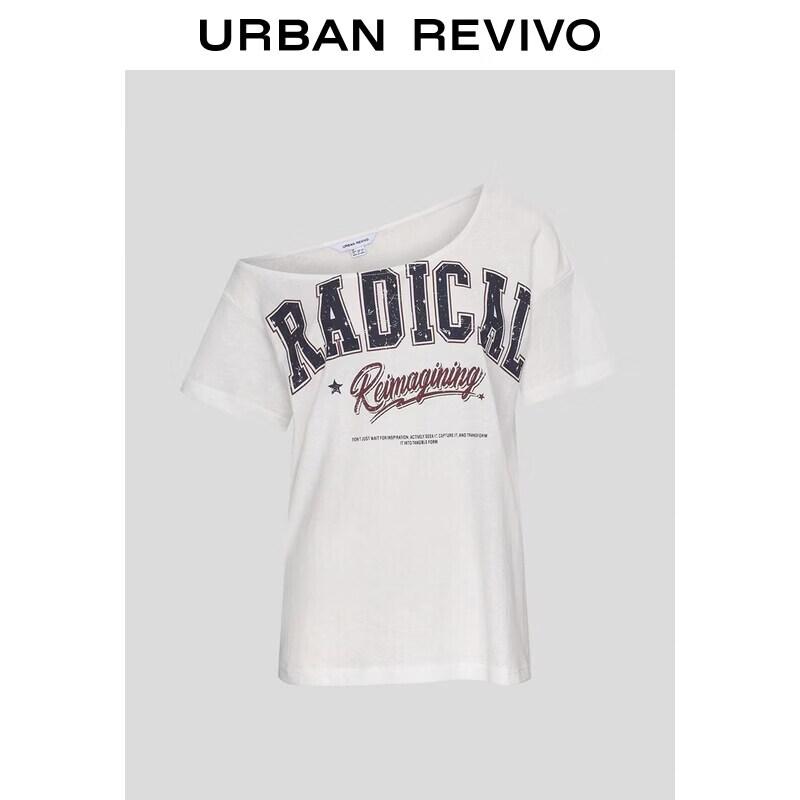 UR2026 Women s Casual American Retro Letter Print One-Shoulder T-Shirt M
