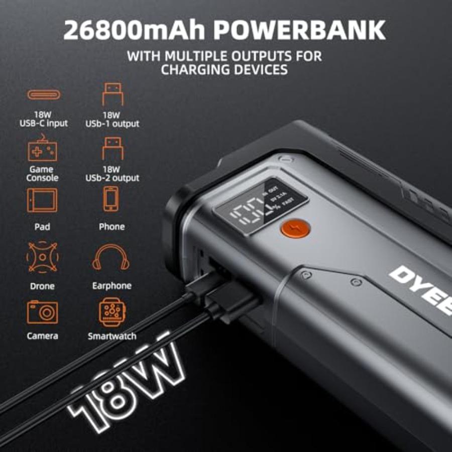 7000A Jump Starter 12V Car Battery Booster Pack All Gas/12.0L Diesel Car Starter Smart Jumper Cables Battery Jumper 26800mAh Po