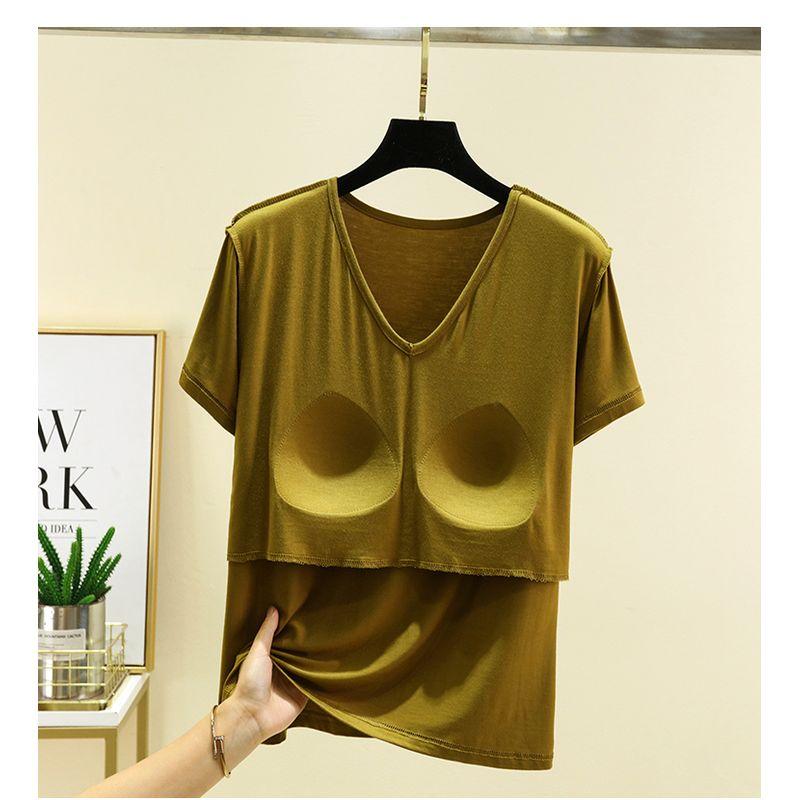 

Тонкая летняя футболка с нагрудными вкладышами, больших размеров, свободная, с V-образным вырезом, базовая, без бюстгальтера, однотонная, с коротким рукавом, из ледяного шелка, для дома Camel color XL (recommended 60.00 kg-70.00 kg