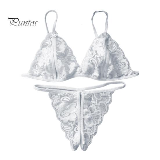 2 Pcs/Set Sexy Underwear Hollow Out Lace Solid Color Wireless Unpadded Open Crotch Elastic Spaghetti Straps Soft Lady Bra Panties Set Wedding Night