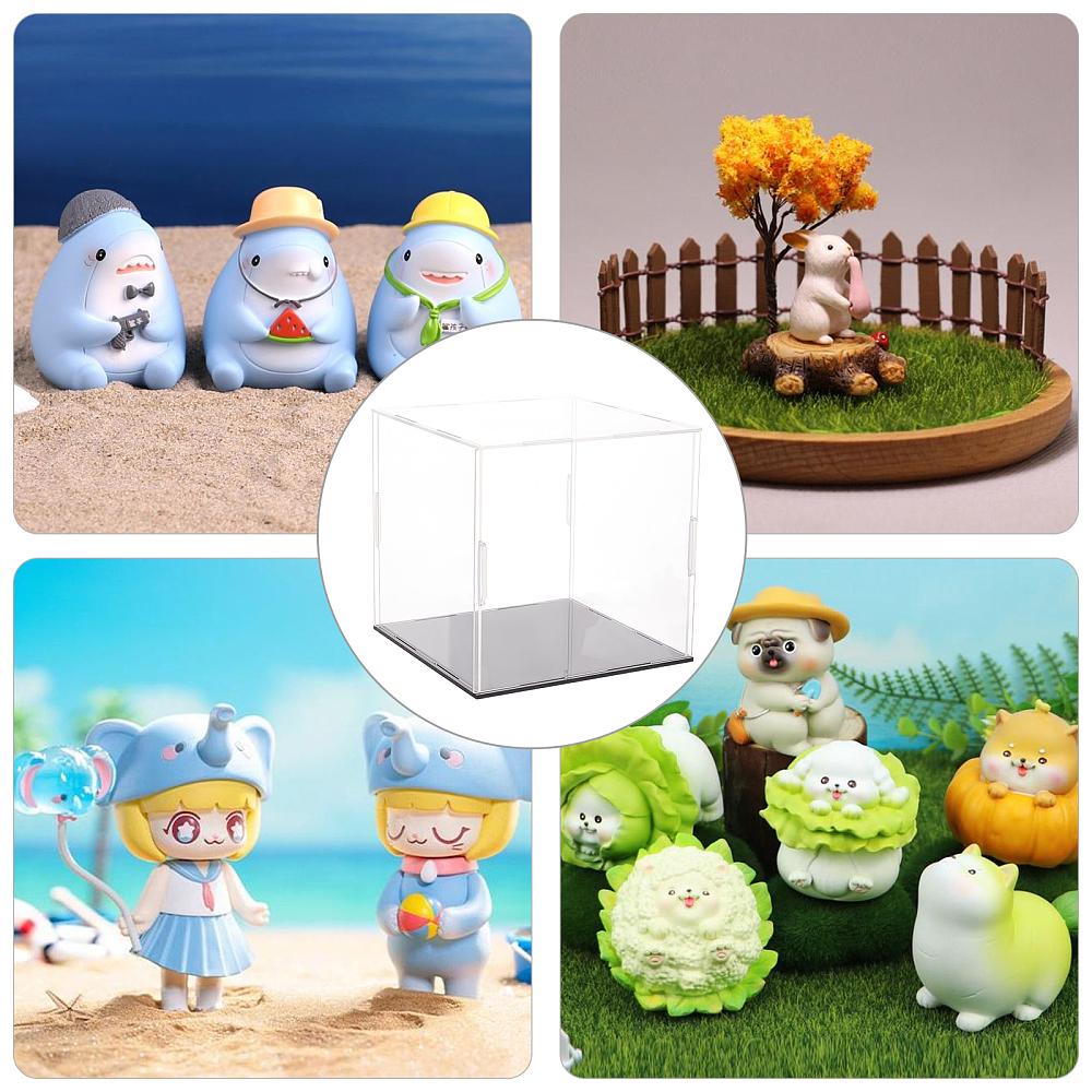 1set Transparent Acrylic Display Boxes Dust-Proof Cases with Black Base and 4Pcs Plastic Rings for Models Building Blocks Doll Display Holders Clear