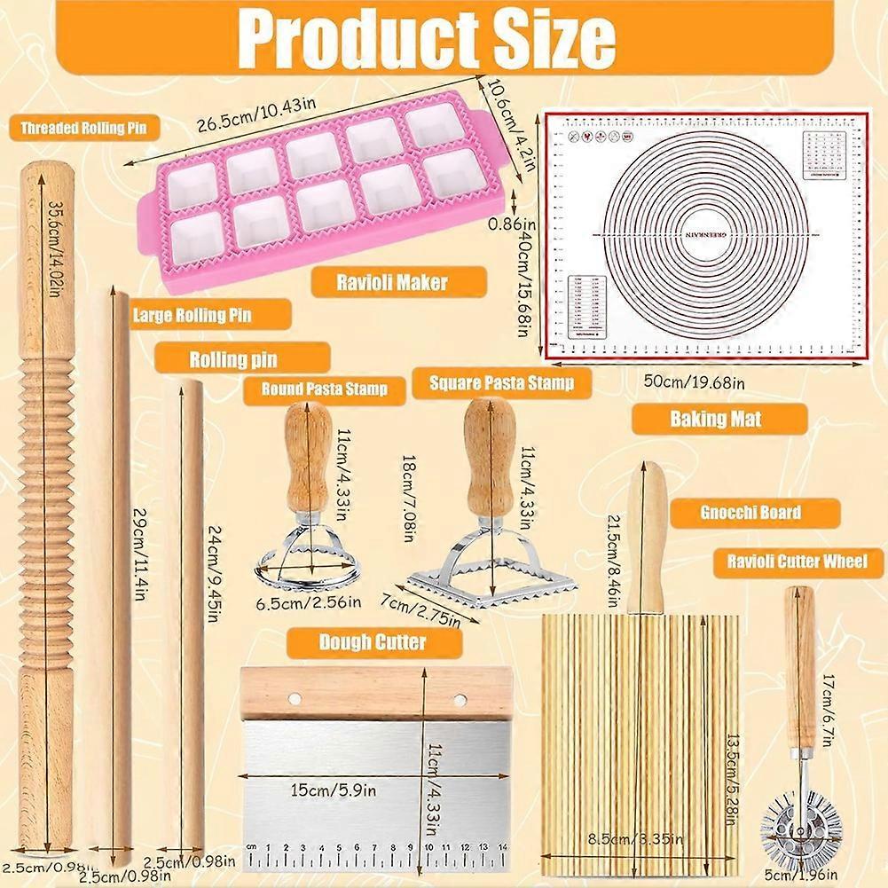 Pasta Making Tools Kit, Ravioli Maker Set with Rolling Pins, Gnocchi Board, Stamps, Cutter & Baking Mat