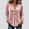Women's Elegant V-Neck Velvet Blouse Buttoned Solid Color Long-Sleeve Soft Velvet T-Shirt Top