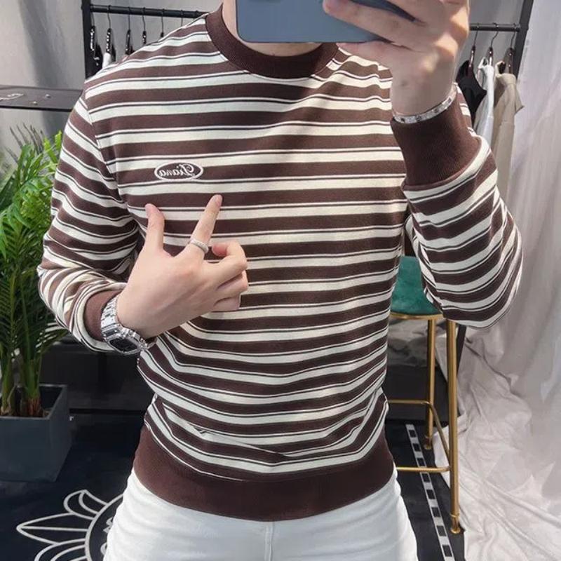 Trendy Autumn Winter New T-shirt Men O-Neck Striped Printing High Street Fashion Long Sleeve Slim Sweatshirts Top
