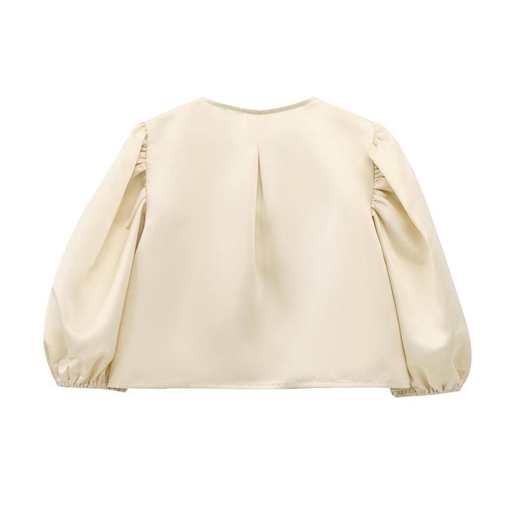 2025 Spring European & American Style Women's Satin Puff Sleeve Bow Top