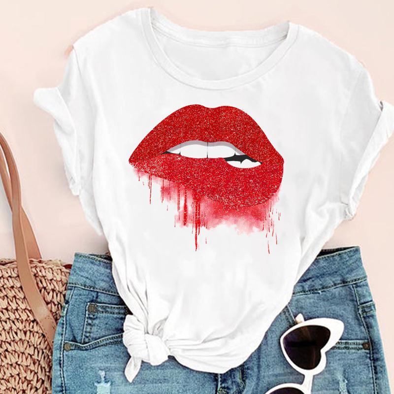

Women T-Shirt Harajuku Lips Leopard T Shirt Femme Short Sleeve Cartoon Cute Tees Shirt 90S Girls Graphic Tshirts Ladies Tee Tops XXXL білий