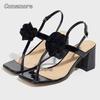Sandalias De Mujer Fashion Sandals for Women Leather Black Flower Square Toe Chunky Heeled Shoes Elegant Party Tacones Size35-43