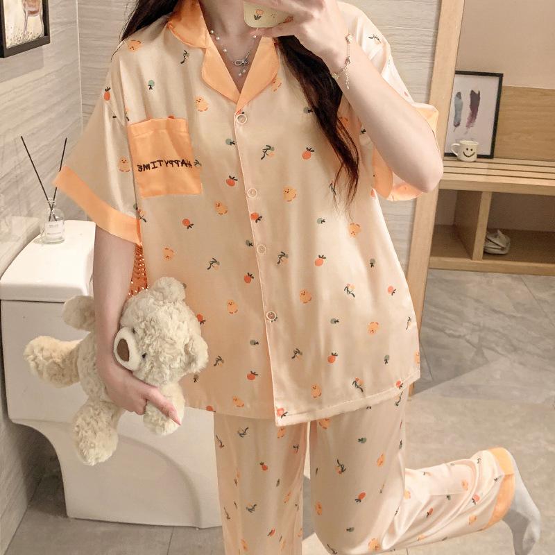 Ice Silk Pajamas Women'S Summer Sweet Wind Cartoon Printing Short-Sleeved Trousers Loungewear Can Be Worn Outside