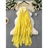 Yellow Vacation Style Dress Women's Stylish Niche Style Ruffles Patchwork Halter Spaghetti Straps Fairy Dress French Dress