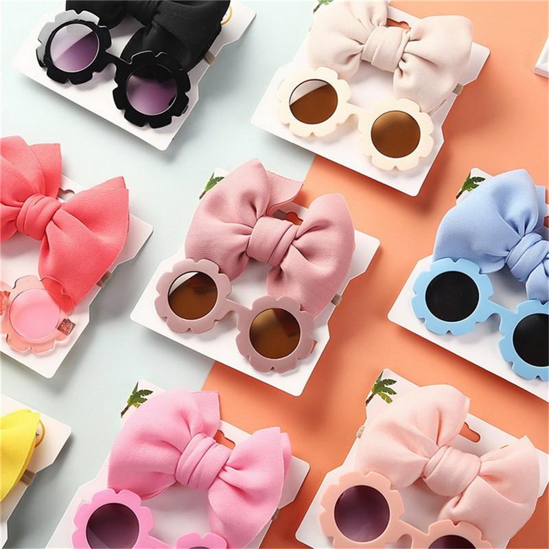 2Pcs Kids Sunglasses Headband Set Baby Girls Unglasses Elastic Nylon Headband Summer Beach Seaside Sun Glasses Kids Bow Headwear
