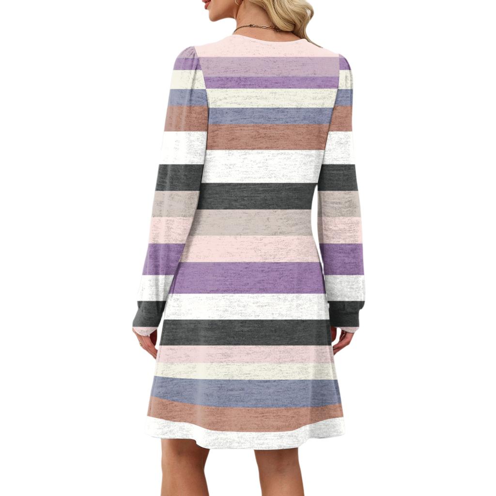 Women's Long Sleeve Pleated Round Neck Plaid Stripe Print Casual Dress With Pockets