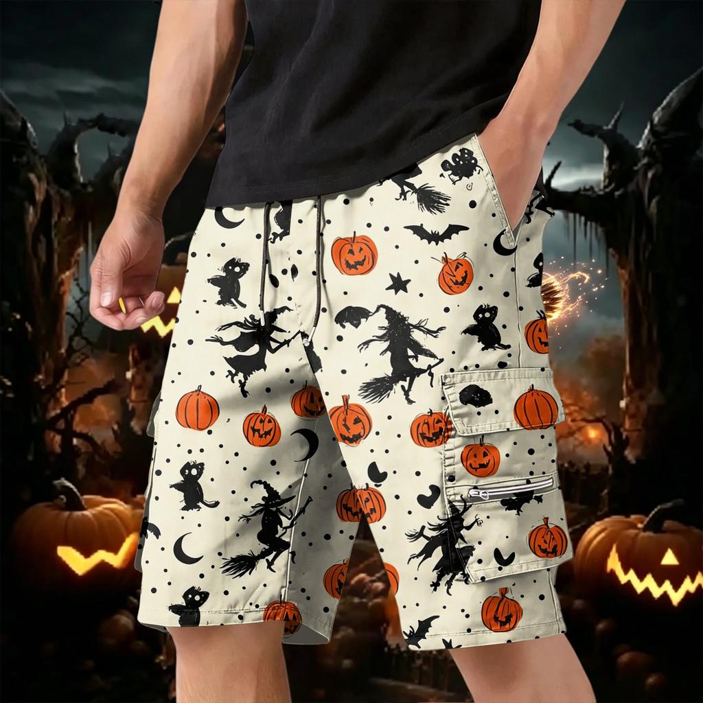 Men's Halloween Cargo Shorts Multi Pocket Drawstring Waist Casual Workwear Shorts with Zippered and Flap Pockets for Outdoor Activities