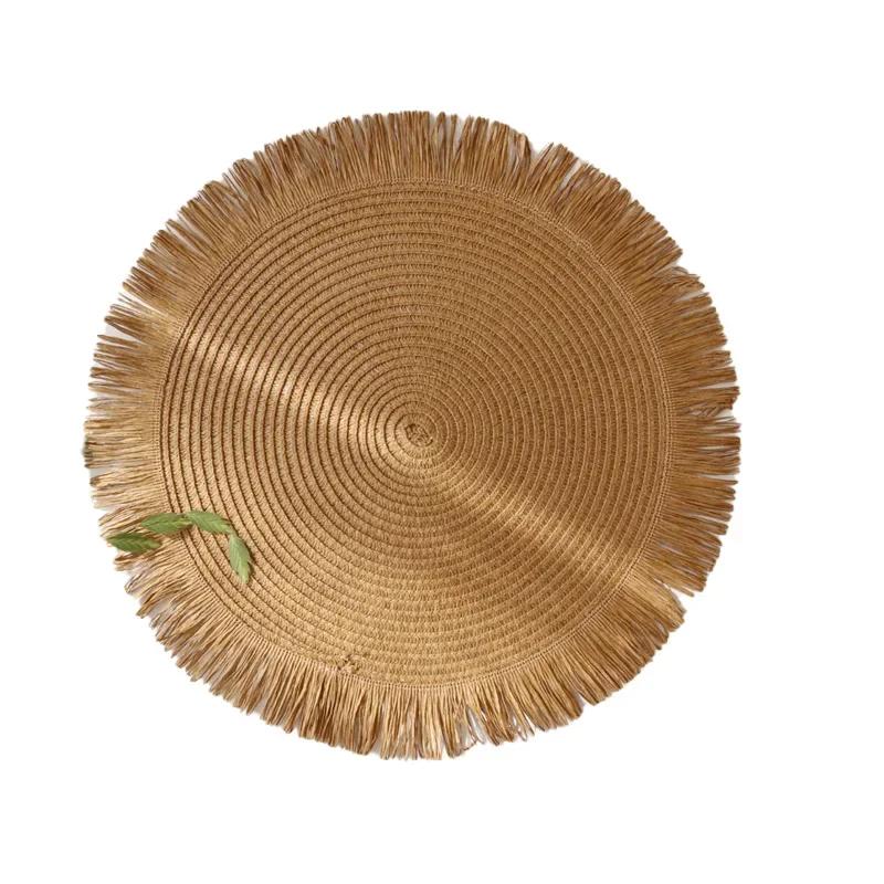 Tassel Paper Woven Placemat Solid Color Circular Lace Anti Slip Placemat Environmentally Friendly Coffee Dining Table Decor Mat