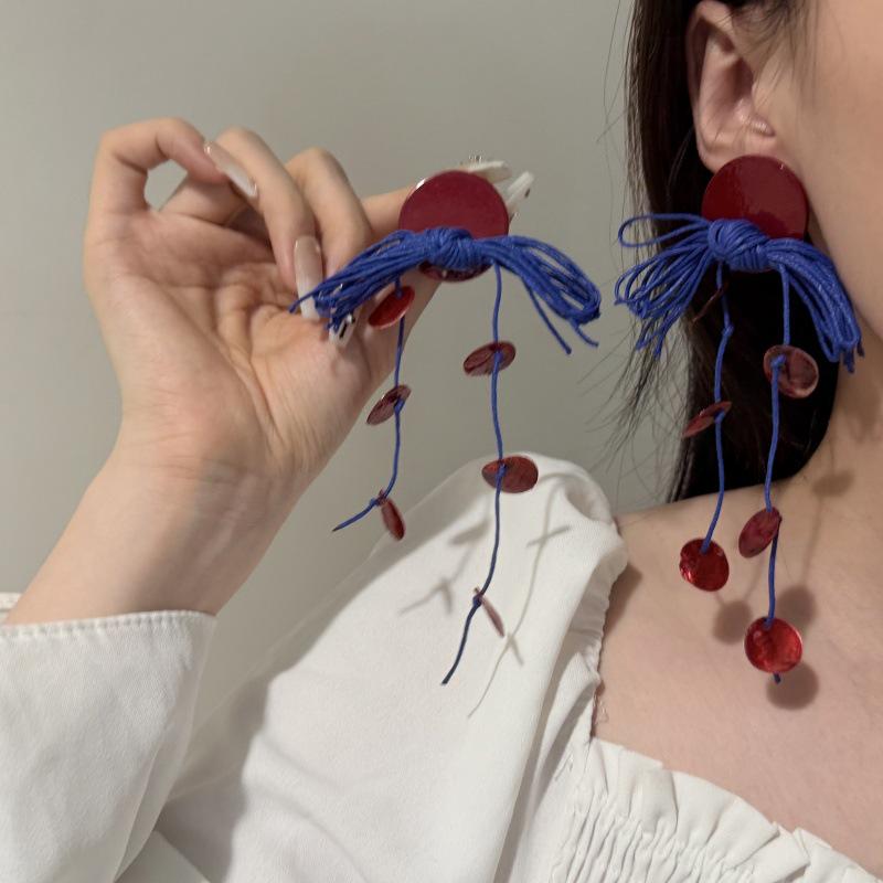 Red & Blue Chinese Floral Tassel Stud Earrings - Women's Luxury Design