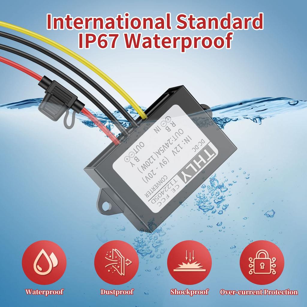 12VDC-24VDC Converter 5A 120W 120W Boost Converter with Fuse Waterproof and Wiring Terminals Golf