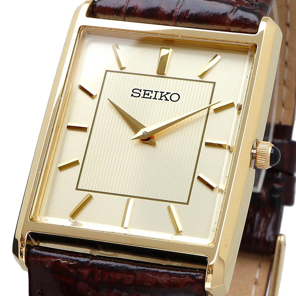 SEIKO Men's Watch Square Design Quartz SWR064 Champagne Gold Dial × Brown Leather Band