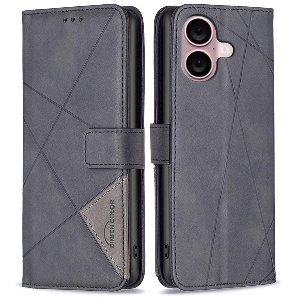 BINFEN COLOR BF05 For iPhone 16 PU Leather Case Imprinted Geometric Cell Phone Stand Cover