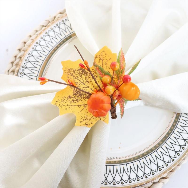 Double Pumpkin And Maple Leaf Napkin Rings Set Fall Thanksgiving Table Decor With Artificial Wreath For Halloween Dinner Party