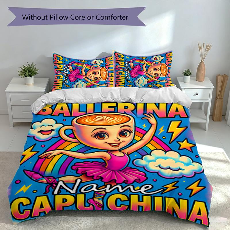 3pcs Custom Name Ballerina Capuchina Set,Includes 1 Duvet Cover and 2 Pillowcases,All-season Bedroom Decor