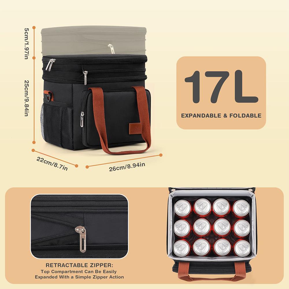 Rozšiřitelná Izolovaná Dvoupatrová Taška na Oběd/Svačinu 17L Velký Chladicí Box Nepropustná pro Práci/Piknik/Kempování/Cestování s Boční Kapsou