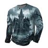 Men's Long Sleeve Halloween Print T-Shirt with Round Neck, Fashion Top for Halloween Events
