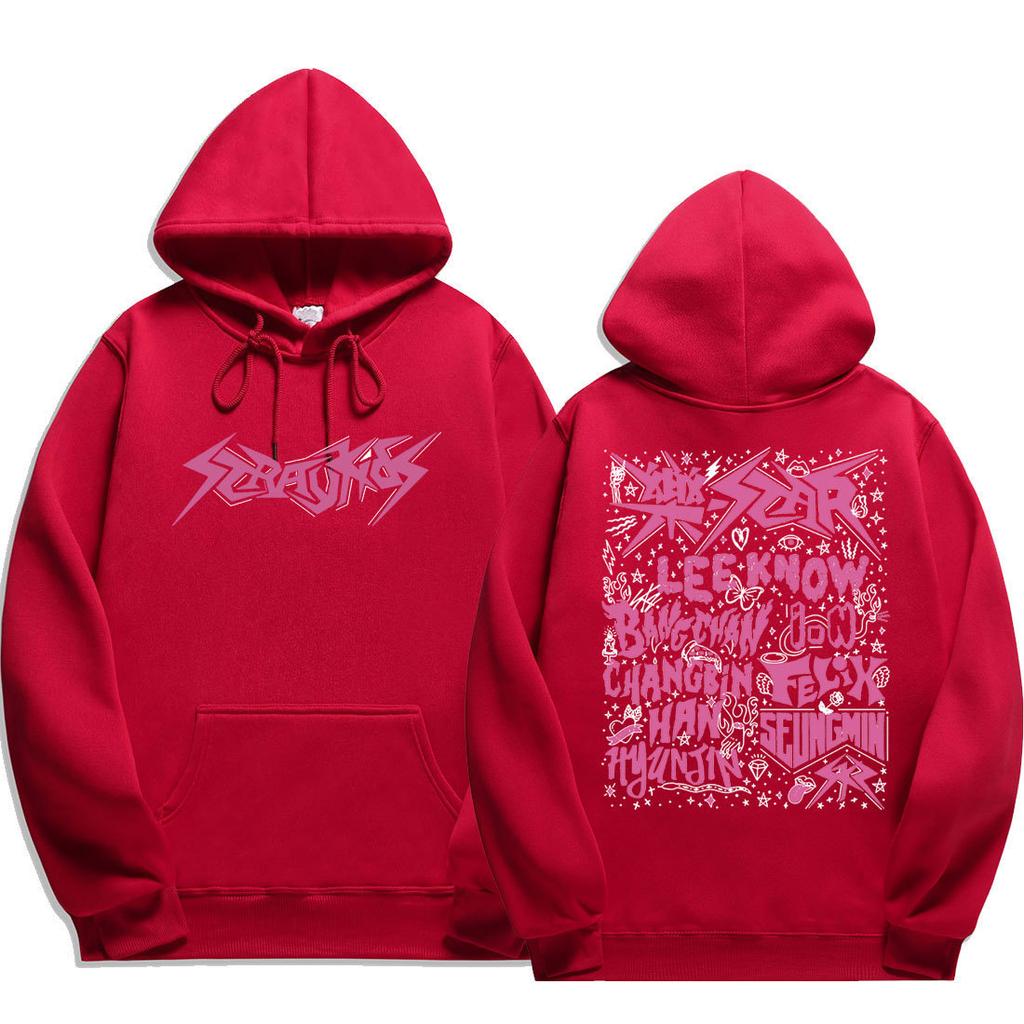Stray Kids Pink Doodle Names Hoodie Front Stray Kids Metal Logo & Back Pink Rock‑Star Doodle All 8 Members Names & Stars, Oversized K‑Pop Fan Pullover