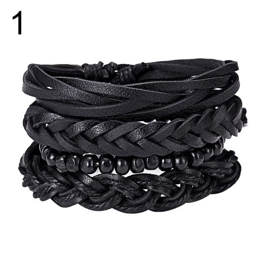 4Pcs/Set Vintage Men Mixed Style Braided Faux Leather Beaded Bracelet Bangle