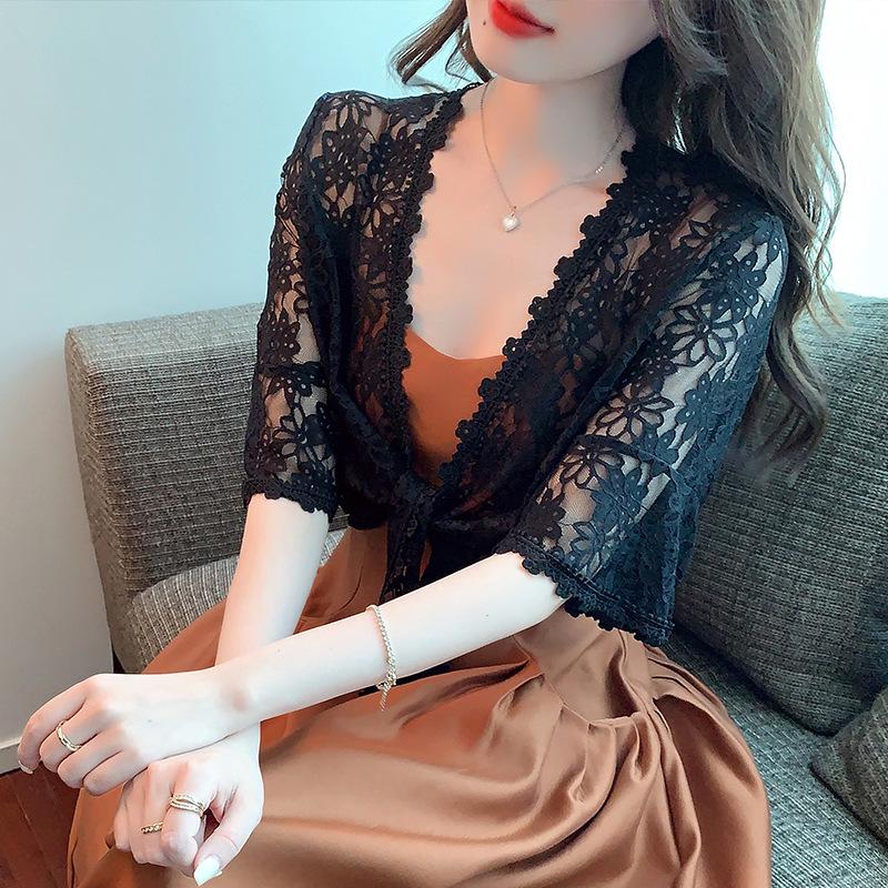 Women's Summer Lace Chiffon Shawl Cardigan - Lightweight Mid-Sleeve Top for Sun Protection