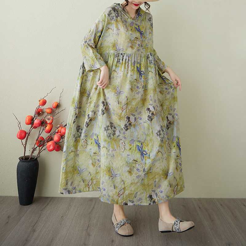 Retro Niche Gentle Wind Yarn Cotton Linen Printed Dress