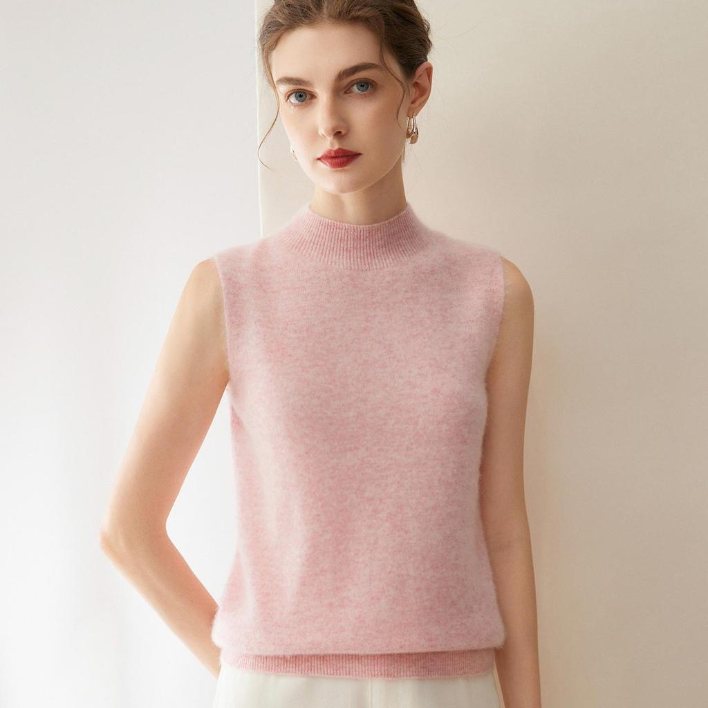 Women's Pure Cashmere Knitted Vest - Autumn/Winter Half High Neck Sleeveless Pullover Cardigan