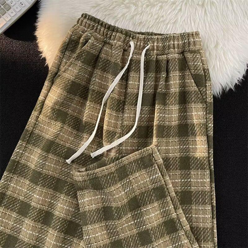 Wool Casual Pants Men's Japanese Loose Lazy Wind Wide Leg Pants Autumn and Winter Vintage Plaid Pants