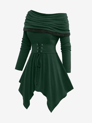 Rosegal Plus Size Turndown Collar Ribbed Lace Up Ruched Handkerchief Solid Tee